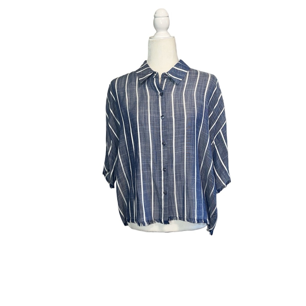 Versona Button Front Blue and White Stripe Blouse Raw Hem Sz L